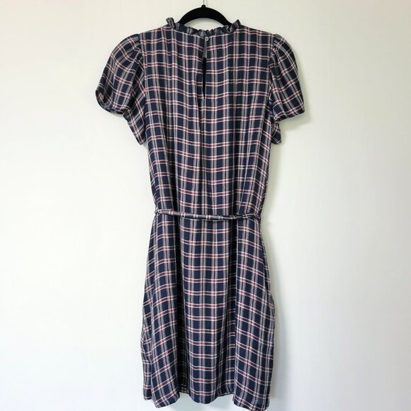 LOFT Plaid Ruffle Tie-Waist Dress Navy Red Plaid with Pockets Americana - Picture 7 of 12